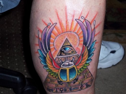Winged Beetel Illuminati Eye Tattoo On Leg